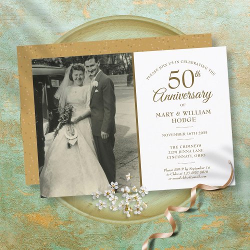 Wedding Photo 50th Anniversary Gold Dust Confetti Invitation