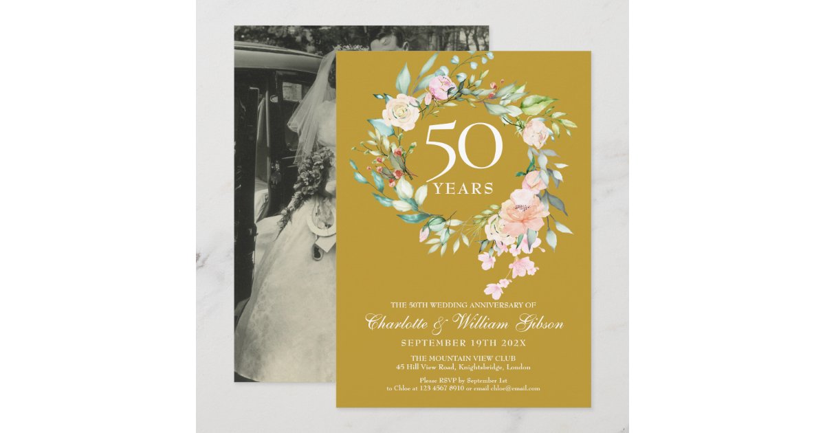 Wedding Photo 50th Golden Anniversary Floral Invitation | Zazzle