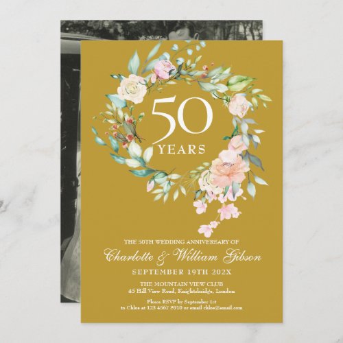 Wedding Photo 50th Golden Anniversary Floral Invitation