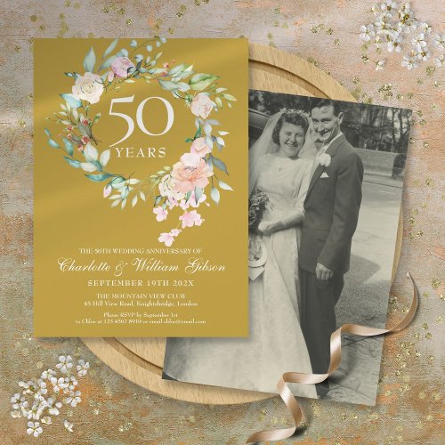 Wedding Photo 50th Golden Anniversary Floral Invitation