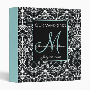 Wedding Photo Album Damask Blue Monogram 3 Ring Binder