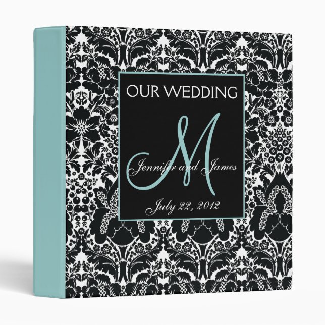 Wedding Photo Album Damask Blue Monogram 3 Ring Binder (Front/Spine)