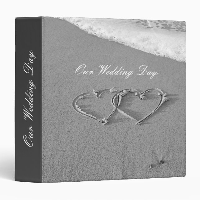 Wedding photo album double hearts in beach sand 3 ring binder (Front/Spine)