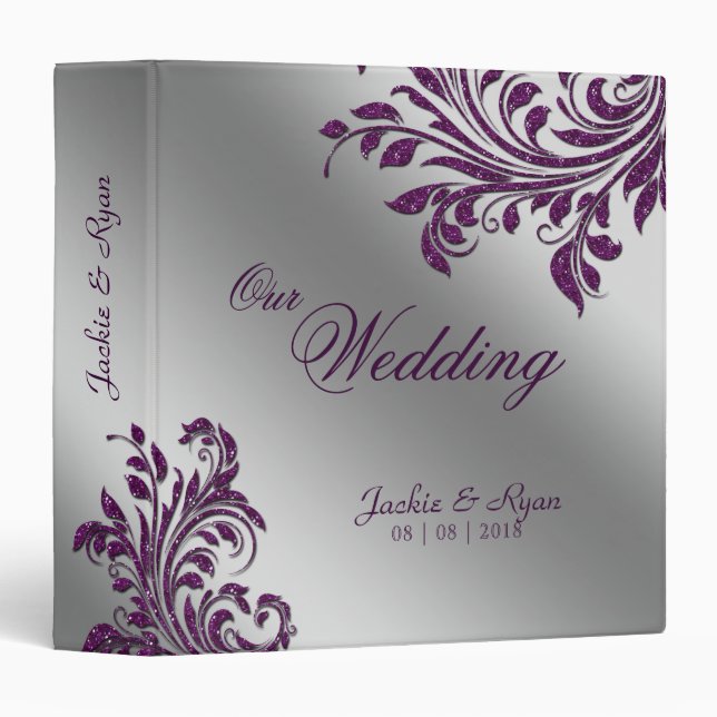 Wedding Photo Album Leaf Sparkle Purple Silver Binder (Front/Spine)