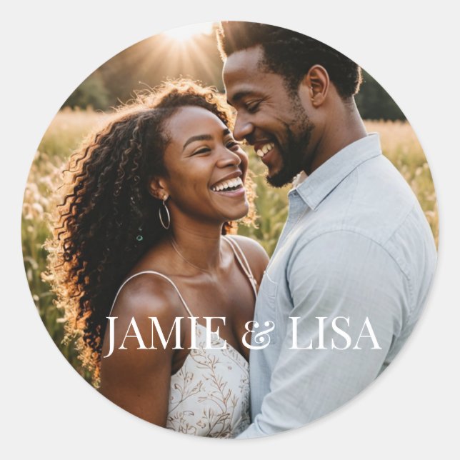 WEDDING PHOTO AND TEXT FAVOR CLASSIC ROUND STICKER (Front)
