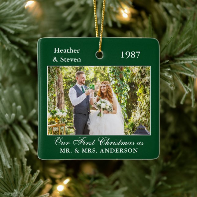 Wedding Photo and Year Green Memory  Ceramic Ornament (Tree)