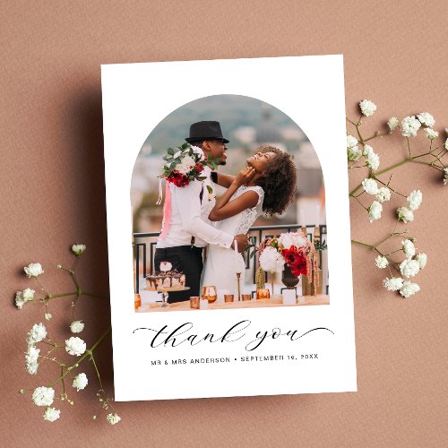 Wedding Photo Arched Frame Elegant Script Thank You Card