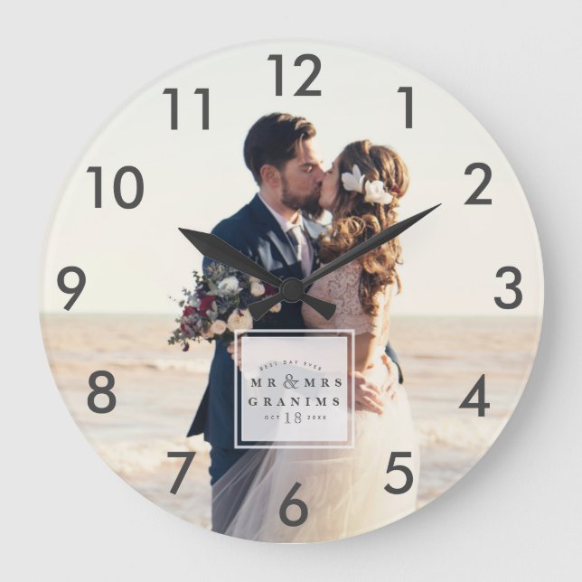 Wedding Photo Best Day Ever Newlywed Anniversary Large Clock (Front)