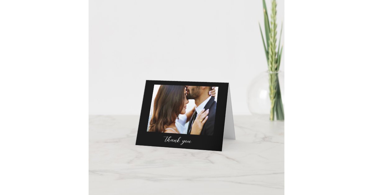 Wedding Photo Black Elegant Script Minimalist Thank You Card | Zazzle