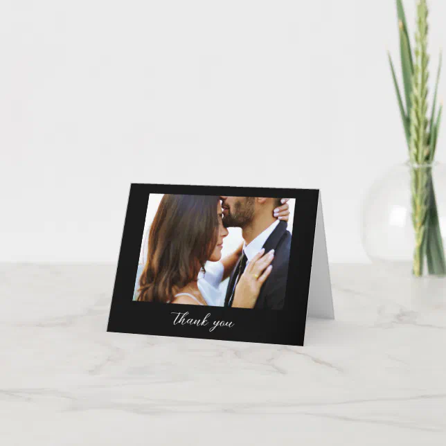 Wedding Photo Black Elegant Script Minimalist Thank You Card | Zazzle