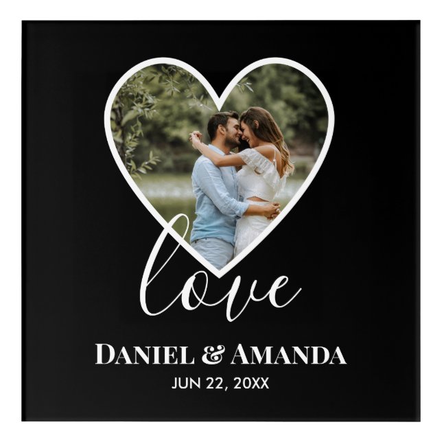Wedding Photo Black Heart Frame Modern Calligraphy Acrylic Print (Front)