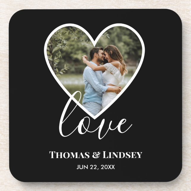 Wedding Photo Black Heart Frame Modern Calligraphy Beverage Coaster (Front)