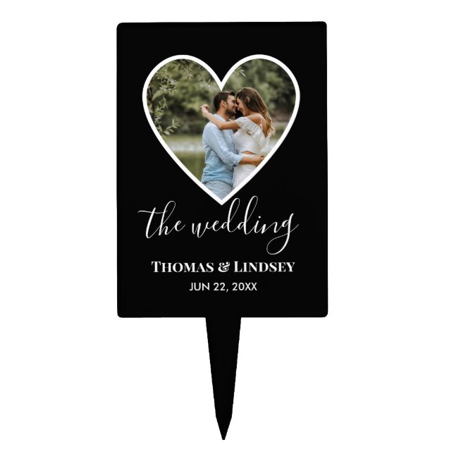 Wedding Photo Black Heart Frame Modern Calligraphy Cake Topper (Front)