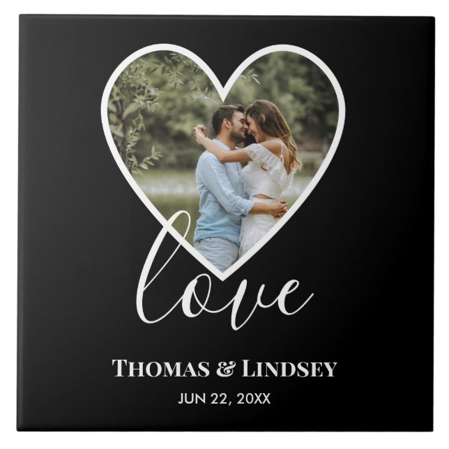 Wedding Photo Black Heart Frame Modern Calligraphy Ceramic Tile (Front)