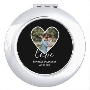 Wedding Photo Black Heart Frame Modern Calligraphy Compact Mirror