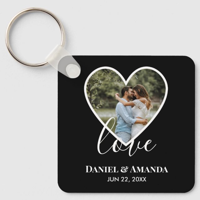 Wedding Photo Black Heart Frame Modern Calligraphy Keychain (Front)
