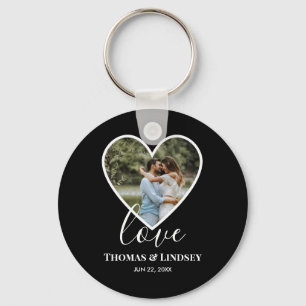 Wedding Photo Black Heart Frame Modern Calligraphy Keychain