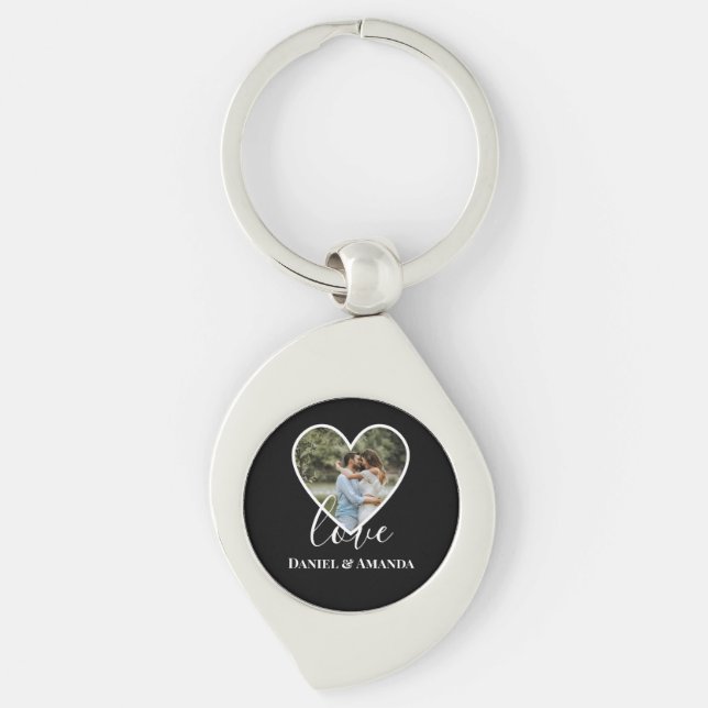 Wedding Photo Black Heart Frame Modern Calligraphy Keychain (Front)