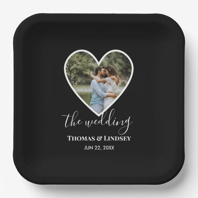 Wedding Photo Black Heart Frame Modern Calligraphy Paper Plates (Front)