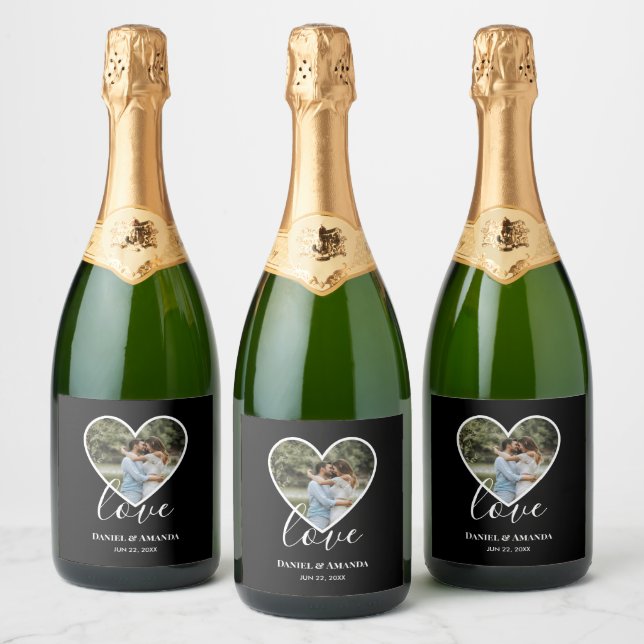 Wedding Photo Black Heart Frame Modern Calligraphy Sparkling Wine Label (Bottles)