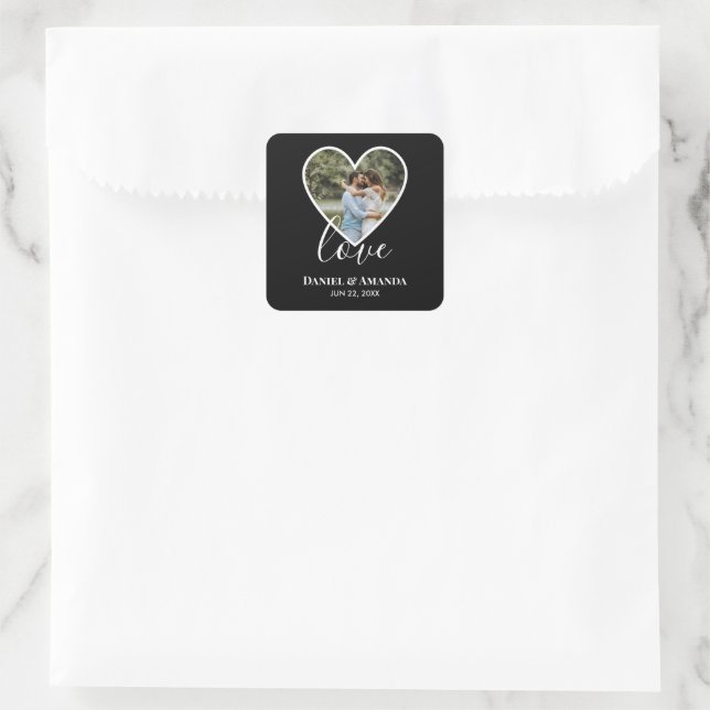 Wedding Photo Black Heart Frame Modern Calligraphy Square Sticker (Bag)