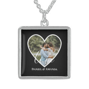 Wedding Photo Black Heart Frame Modern Calligraphy Sterling Silver Necklace