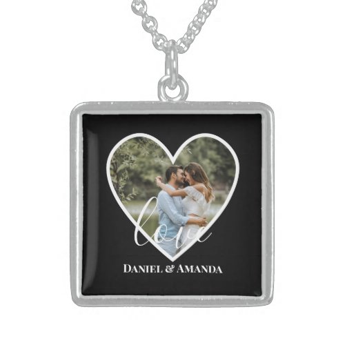Wedding Photo Black Heart Frame Modern Calligraphy Sterling Silver Necklace