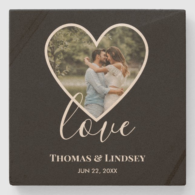 Wedding Photo Black Heart Frame Modern Calligraphy Stone Coaster (Front)