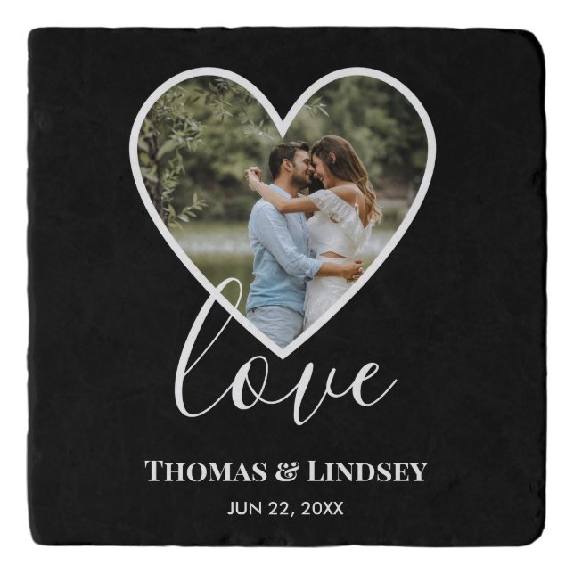 Wedding Photo Black Heart Frame Modern Calligraphy Trivet (Front)