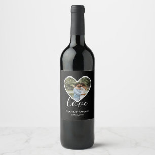Wedding Photo Black Heart Frame Modern Calligraphy Wine Label