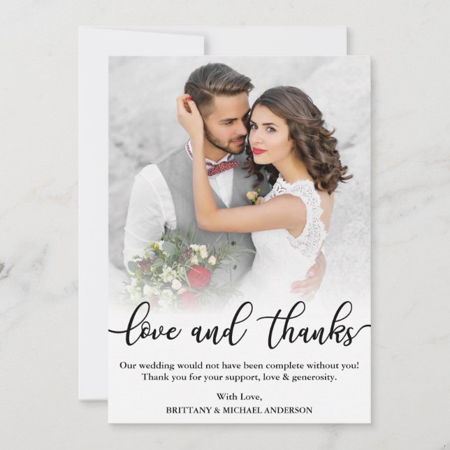 Wedding Photo Black Script Love and Thanks Card (Front)
