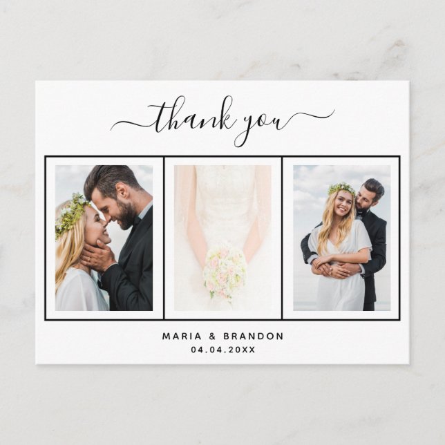 Wedding photo black white script thank you postcard (Front)