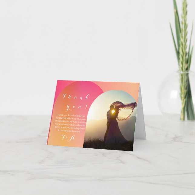 Wedding Photo Boho Arch Sunset Ombre Thank You Card (Front)