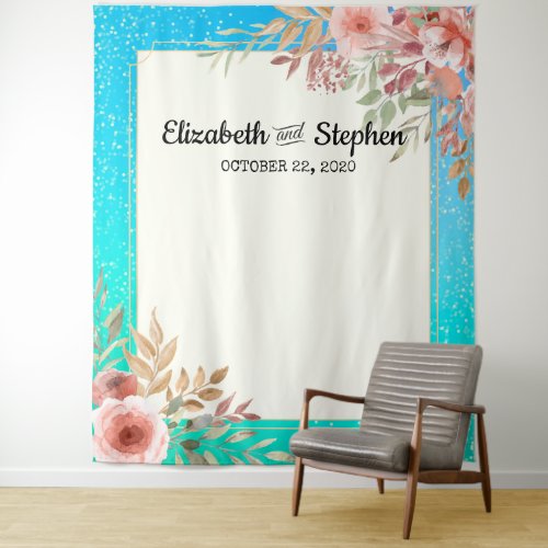 Wedding Photo Booth Backdrop Floral Teal Gold Dots