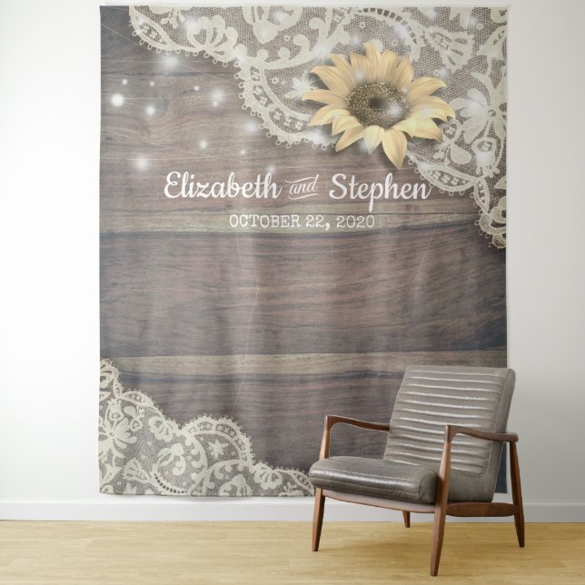 Wedding Photo Booth Backdrop Lace Sunflower Wood (In Situ)