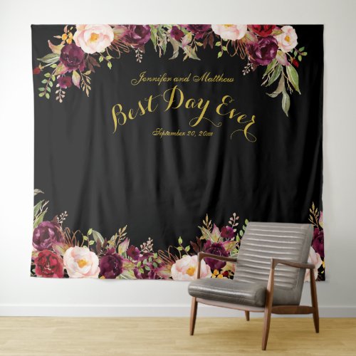 Wedding Photo Booth Burgundy Floral Black Gold Tapestry