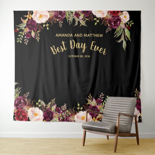 Wedding Photo Booth Burgundy Floral Gold Black Tapestry