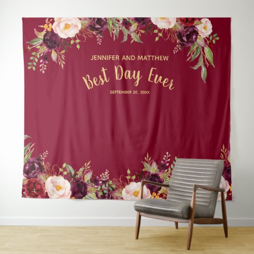 Wedding Photo Booth Burgundy Floral Gold Tapestry