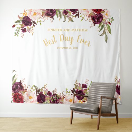 Wedding Photo Booth Burgundy Floral Gold Tapestry