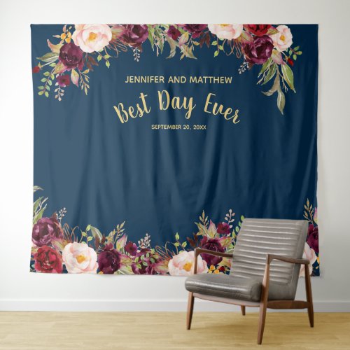 Wedding Photo Booth Burgundy Floral Navy Gold Tapestry