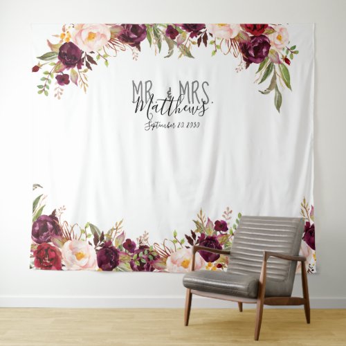 Wedding Photo Booth Burgundy Red Floral Watercolor Tapestry