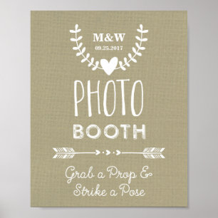 Wedding Photo Booth Sign Burlap Hearts Arrows