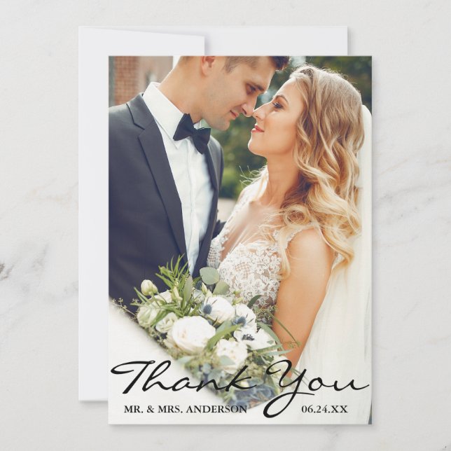Wedding Photo Bride Groom Script Thank You Card (Front)