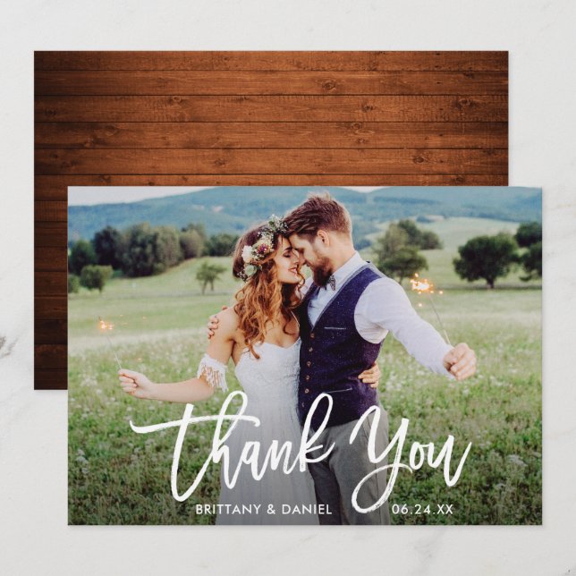 Wedding Photo Brush Script Wood Thank You Card (Front/Back)