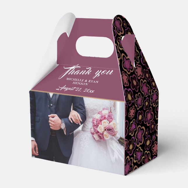 Wedding Photo Burgundy Flower Pattern Thank you  Favor Boxes (Front Side)