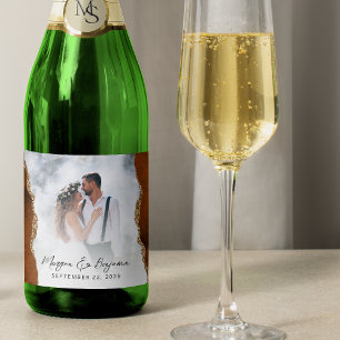 Wedding Photo Burnt Orange Gold Agate Script Sparkling Wine Label