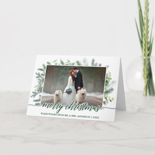 Wedding Photo Calligraphy Christmas Pine Greenery Holiday Card