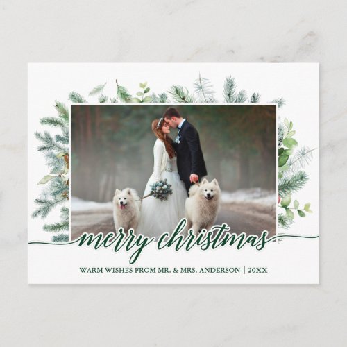 Wedding Photo Calligraphy Christmas Pine Greenery Postcard