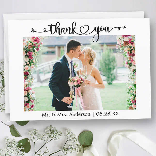 Wedding Photo Calligraphy Script Heart Thank You Card | Zazzle