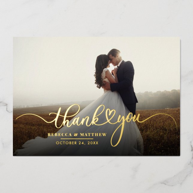 Wedding Photo Calligraphy Thank You Gold Foil Invitation (Front)